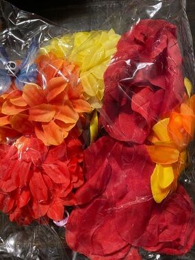 Assorted Red, Orange & Yellow Fabric Flower Petals -Party Decor 5 headbands M219